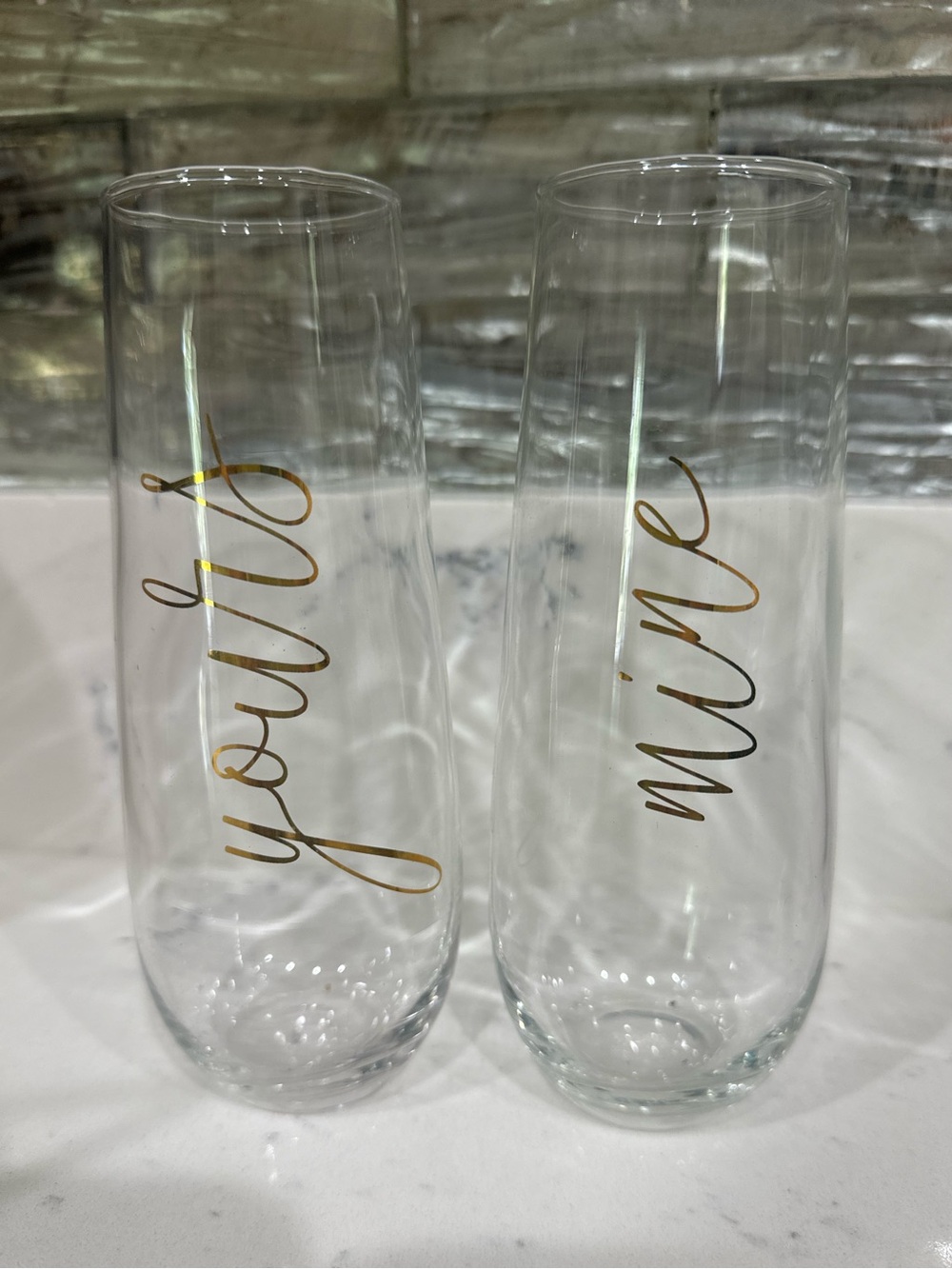“Mine” & “yours” glass flutes